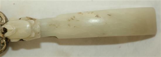 A Chinese pale celadon jade belt hook, mounted as a paperknife, 19th century, handle 9.4cm